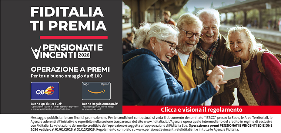 Agenzia Familyfin Srl Fiditalia | Roma | Fiditalia ti premia - Vicni un omaggio da €100. Operazione a premi. Clicca e visiona il regolamento. Operazione a premi PENSIONATI E VINCENTI 2025 valida dal 01/01/2025 al 31/12/2025. Regolamento completo www.pensionatievincenti.retefiditalia.it
